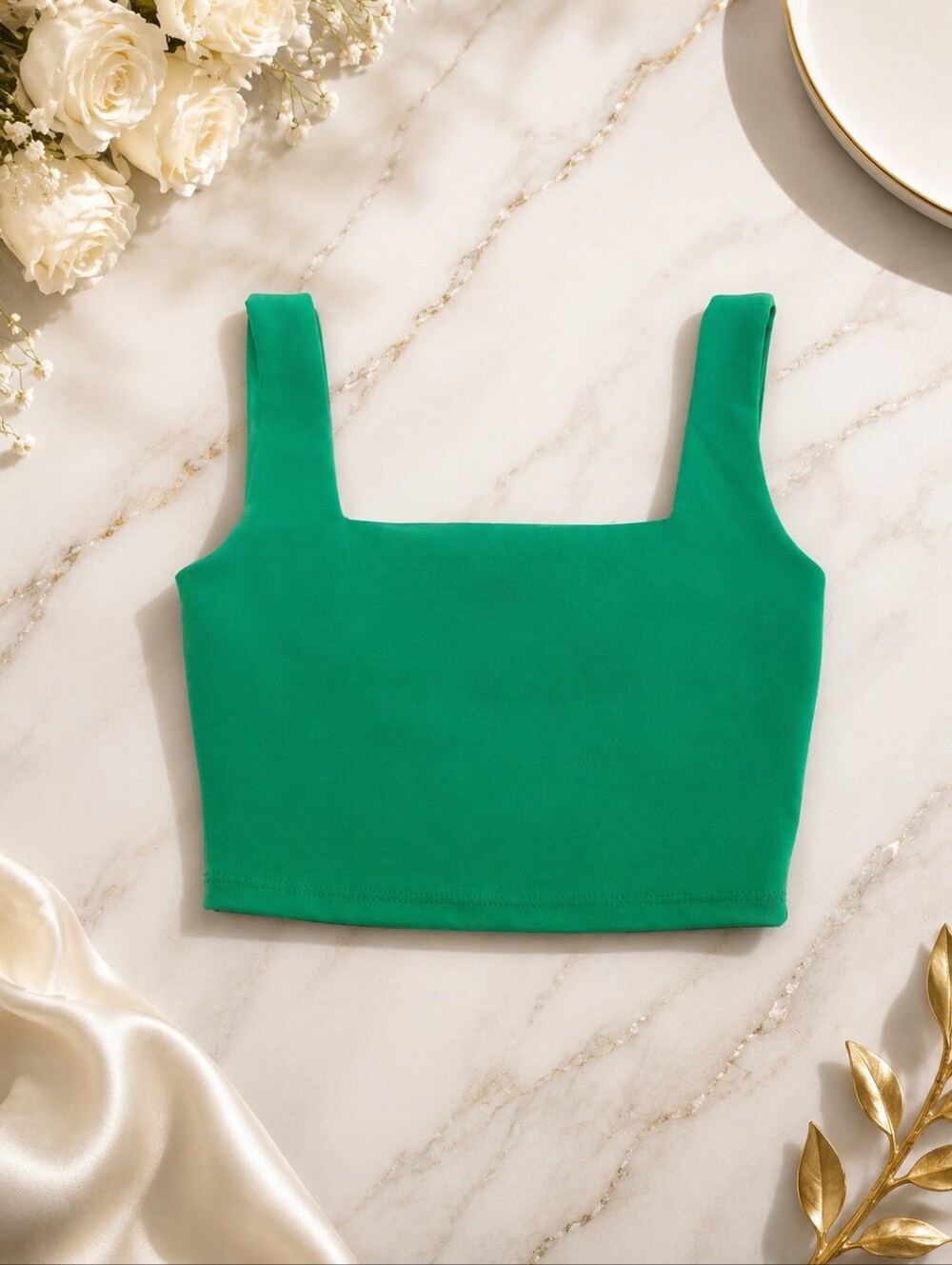 21 Saints Small Square Neck Green Crop Top with Wide Straps - Women